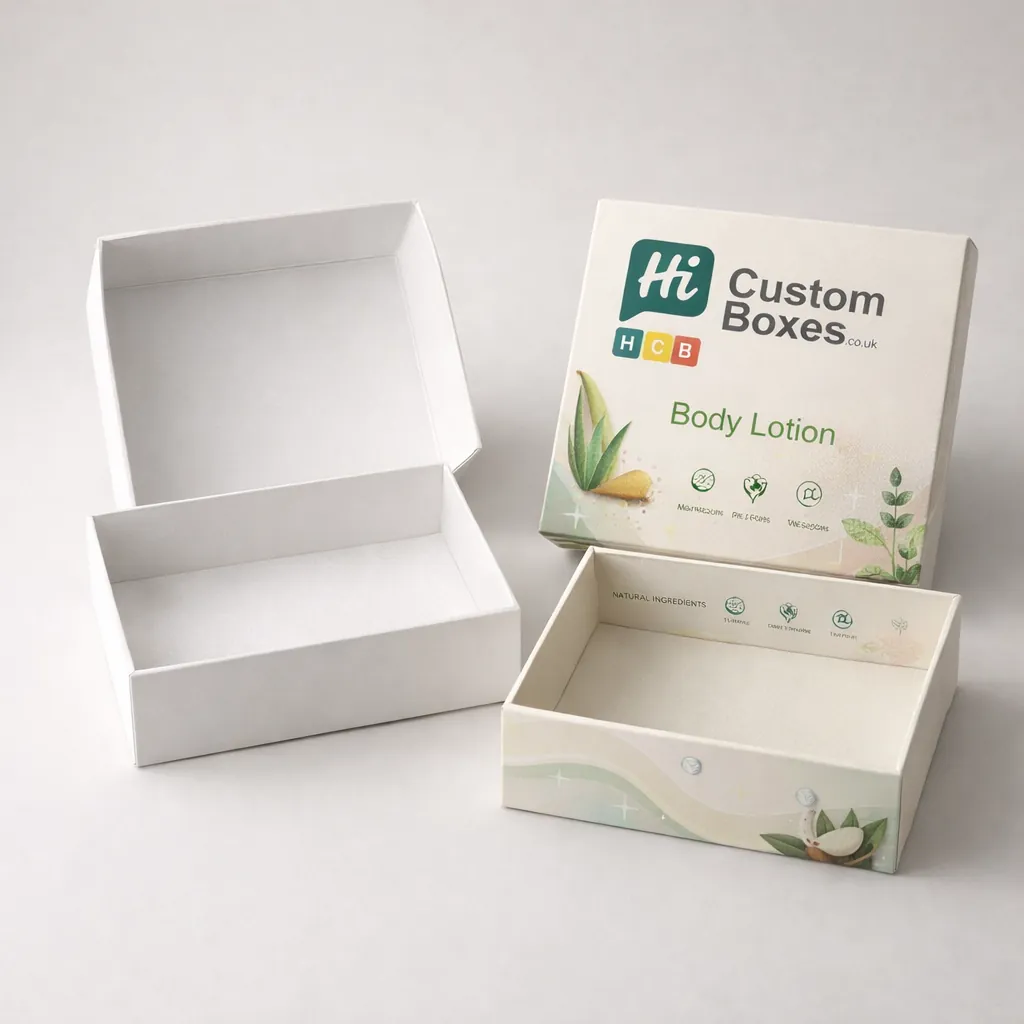 Two vertical lotion boxes, one plain white and one with elegant gold accents and floral patterns. class=